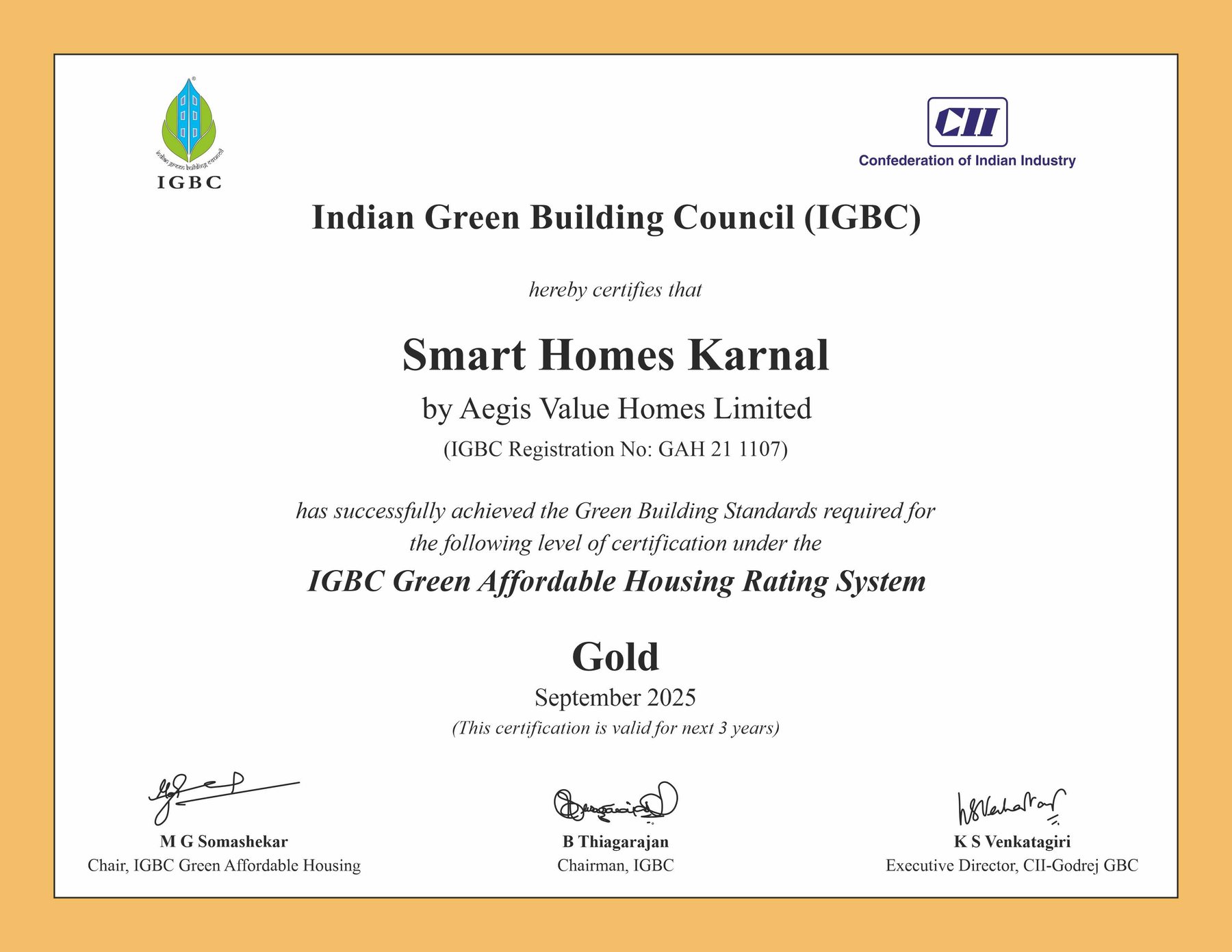 IGBC certificate: Smart Homes Karnal by Aegis Value Homes Limited, Green Affordable Housing Rating System, Gold, September 2025, registration GAH 21 1107.